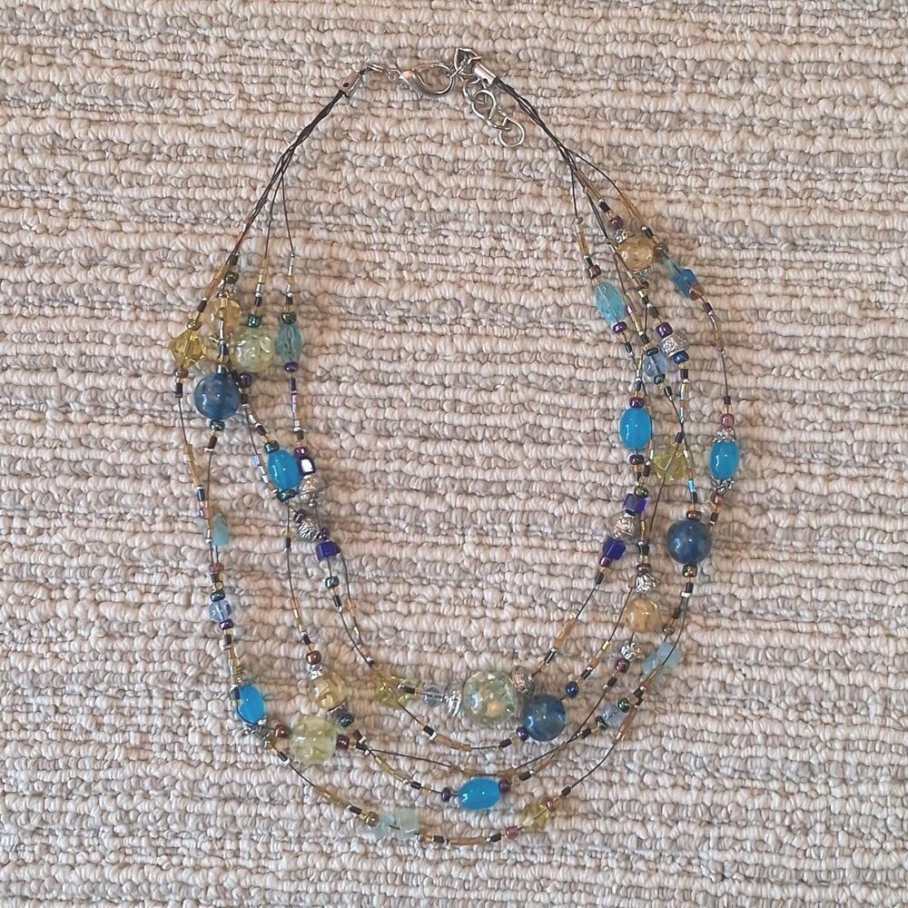 Multi Strand Blue Yellow Glass Bead Floating Wire Illusion Statement Necklace